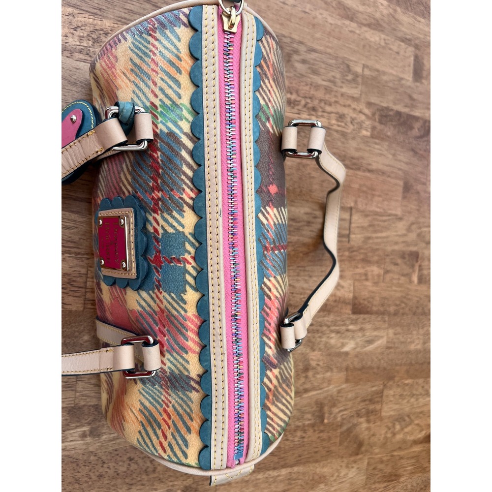 Dooney & Bourke Plaid Coated Canvas Barrel Bag Multicolor Scalloped Trim Satchel - Picture 5 of 16